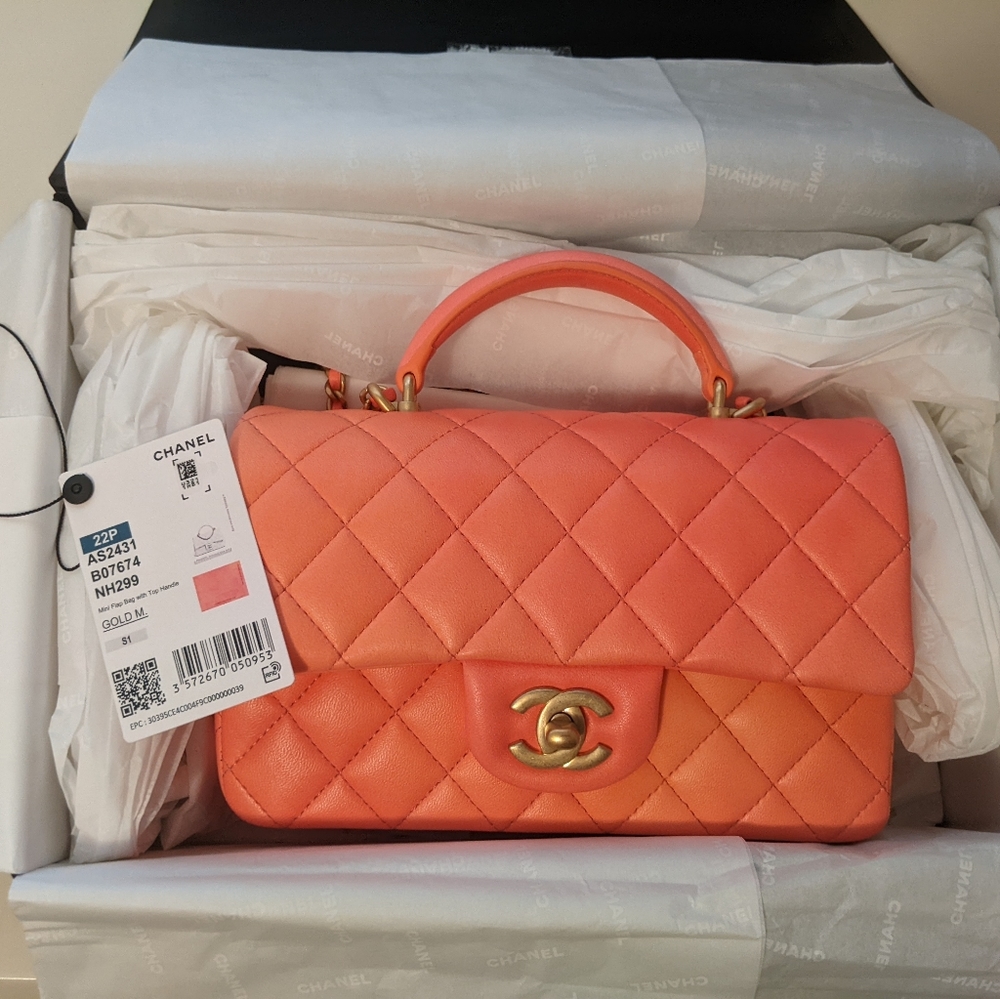 BNIB Chanel 22P Ombre Rose/Orange Mini Flap Top Handle